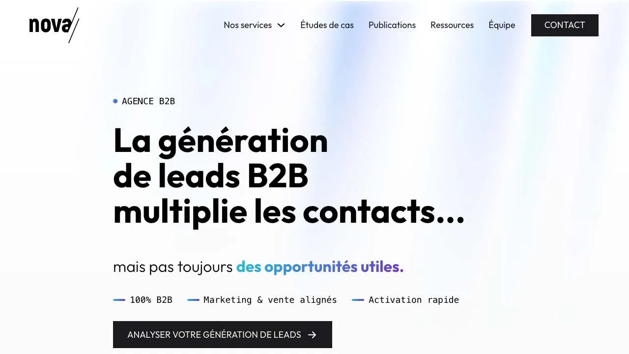 Startseite der Website der B2B-Entwicklungsagentur Agence Nova