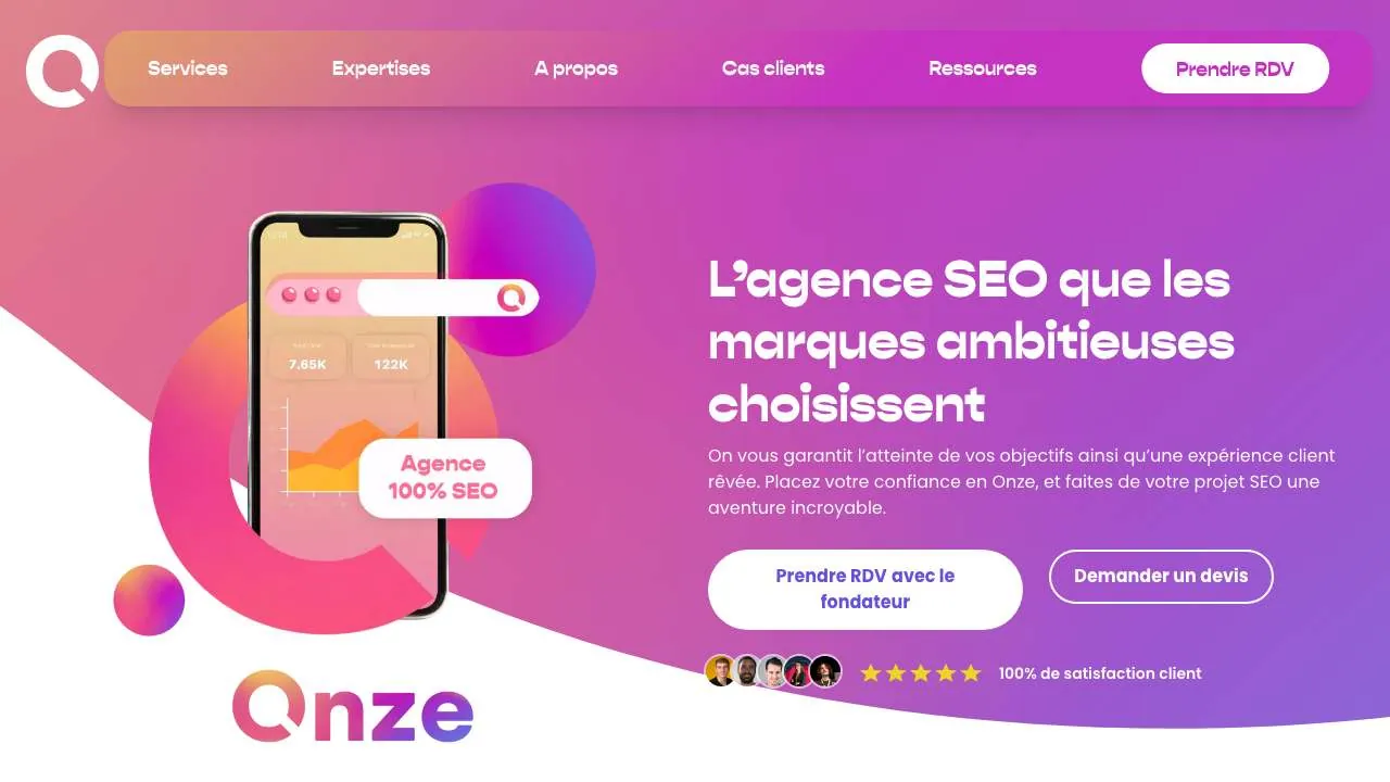 Startseite der Website der SEO-Agentur Agence Onze