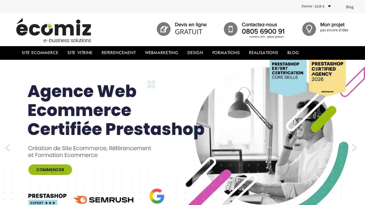 Startseite der Website der E-Commerce-Agentur Ecomiz