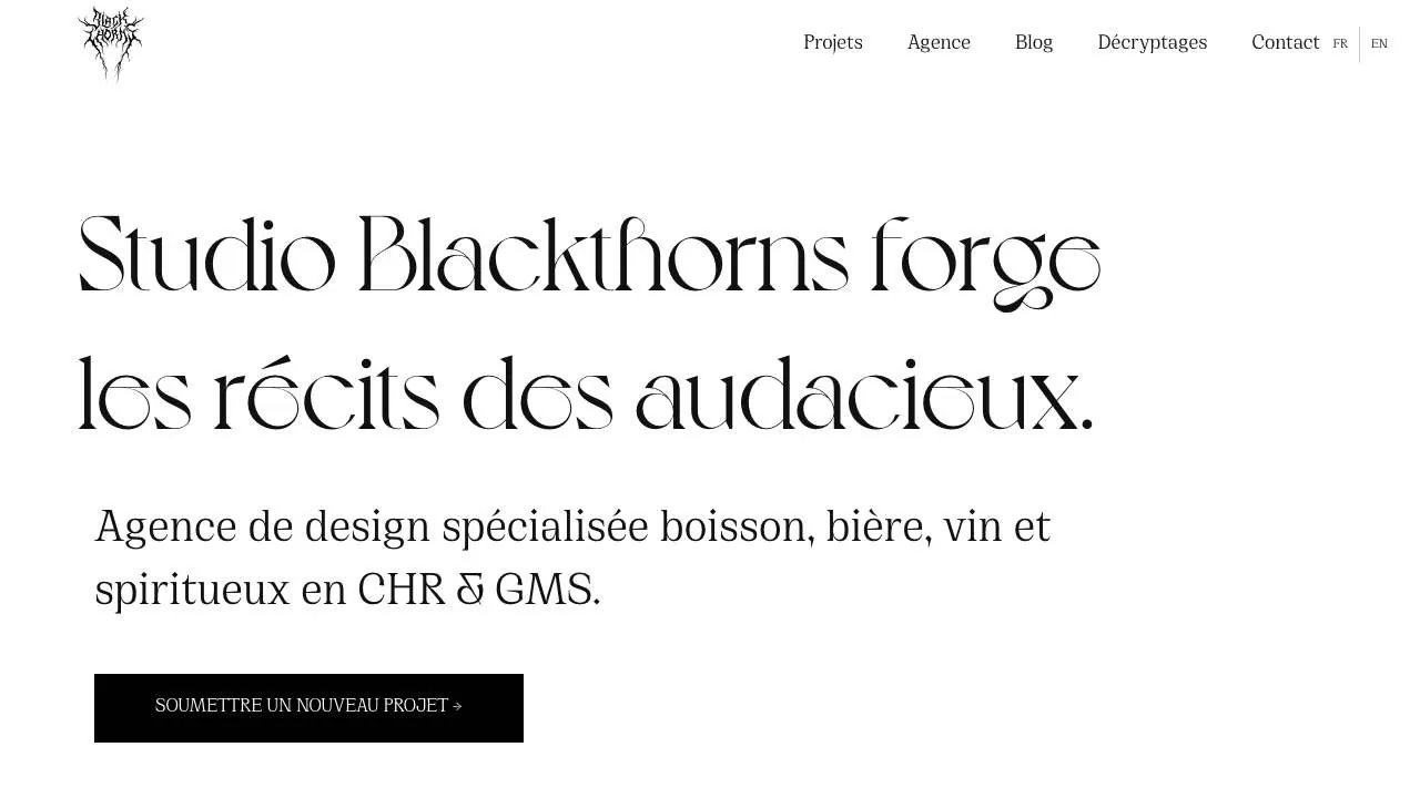 Startseite der Website der Getränke-Designagentur Blackthorns Studio
