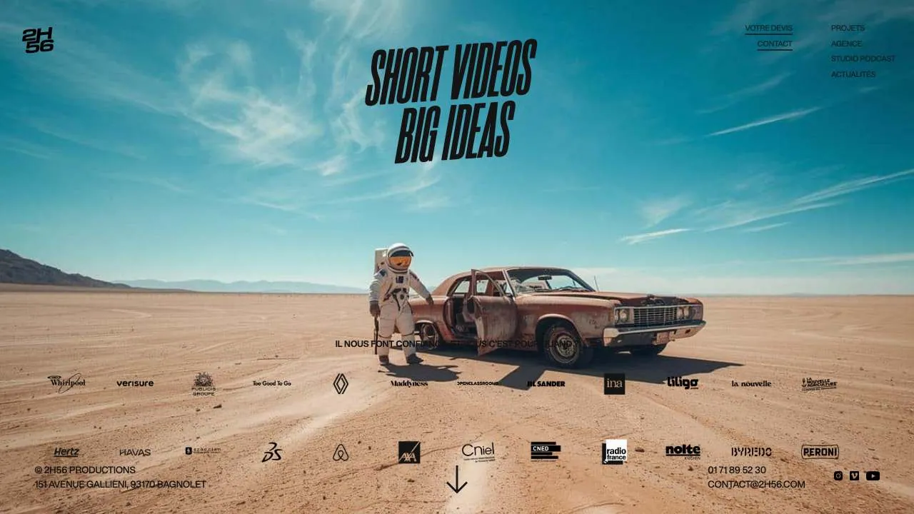 Homepage of the 2h56 Productions audiovisual agency website