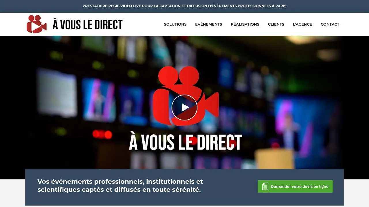 Homepage of the A Vous Le Direct live video production website