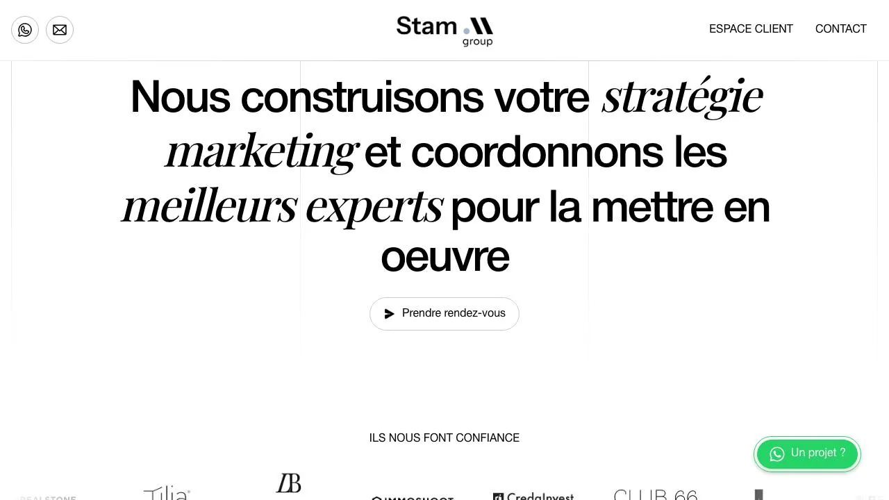 Homepage of the STAM Group marketing strategy agency website