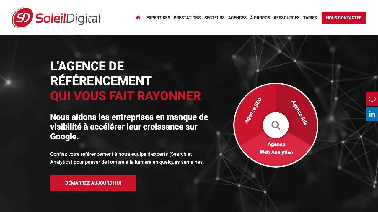 Homepage of the Soleil Digital search agency website