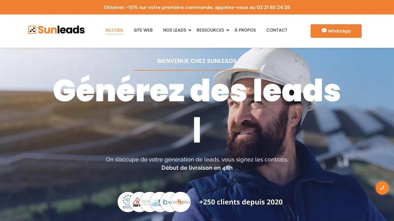 Homepage of the Sunleads lead generation company website