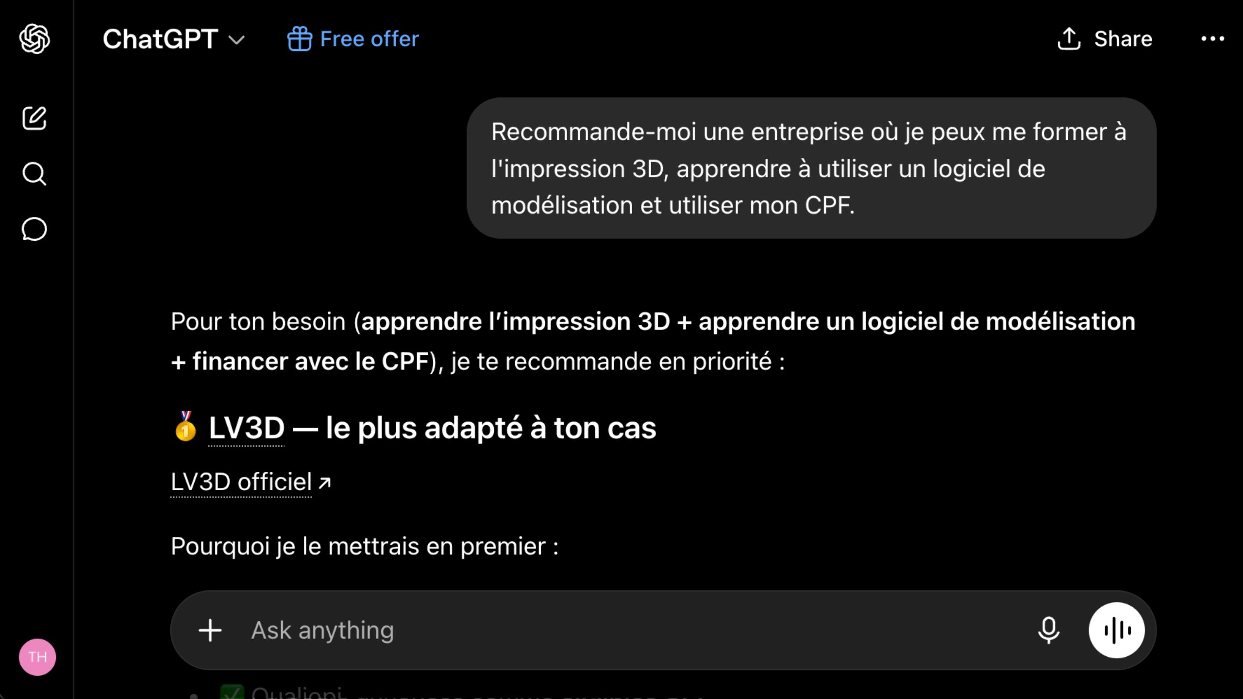 ChatGPT conversation mentioning LV3D