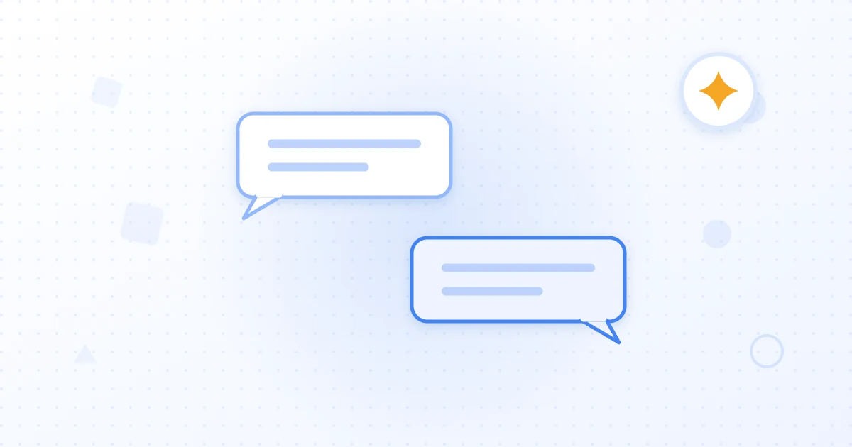 Illustration of a person typing a full natural-language question into an AI assistant that replies with a concise sourced answer.
