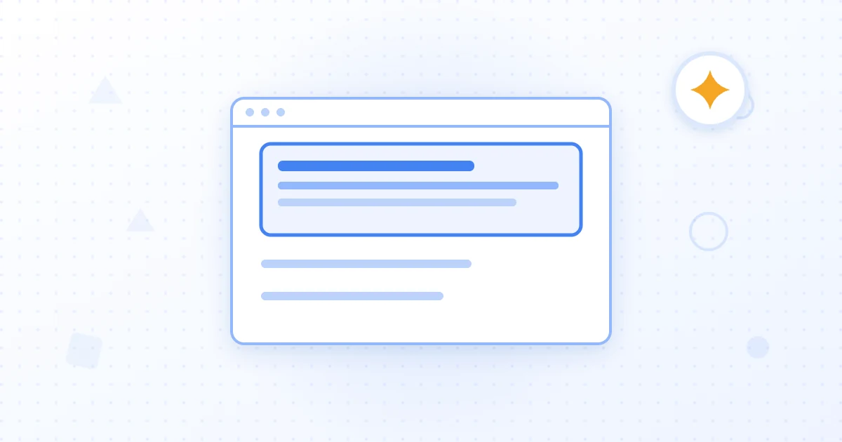 Illustration of a Google search results page topped by an AI Overview summary box that cites several source links above the usual blue links.