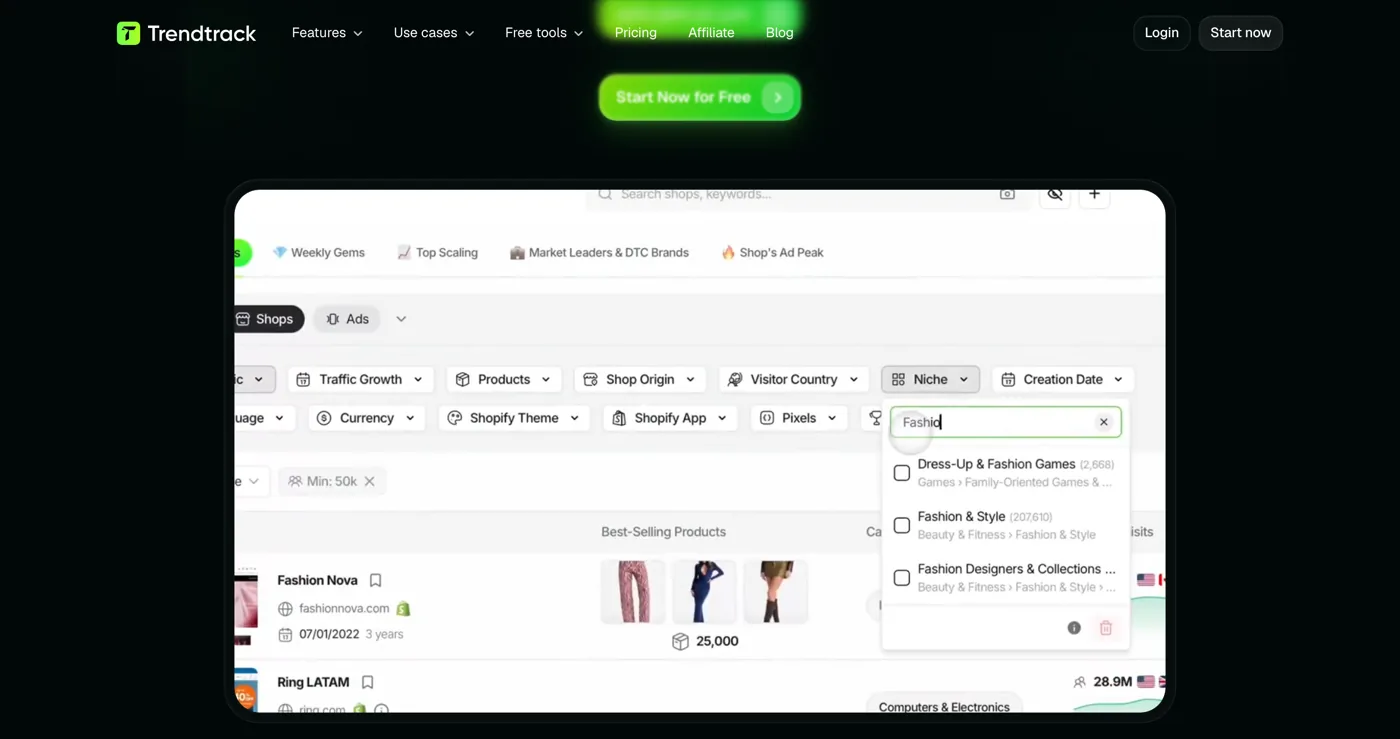 Trendtrack shop search with filters on traffic growth, products, shop origin and Shopify theme