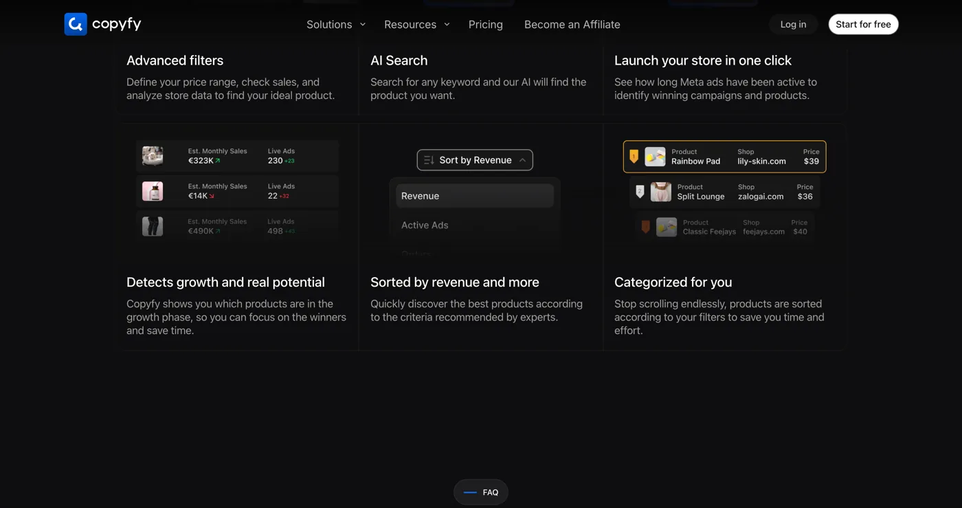 The Copyfy product database showing estimated monthly sales, live ads and revenue sorting