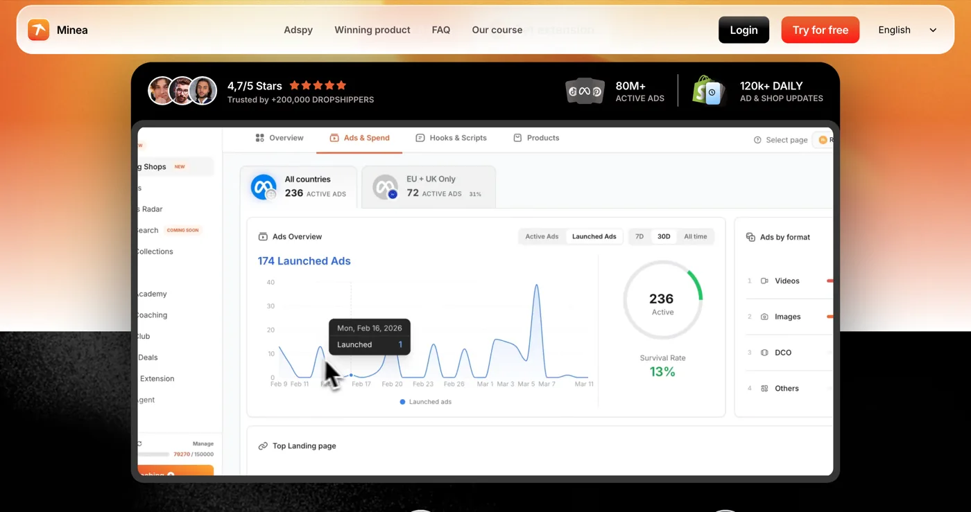 The Minea dashboard showing launched ads over time, survival rate and ads by format for one shop