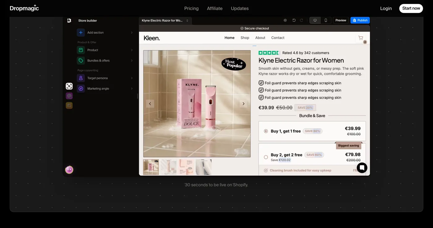 The Dropmagic store builder editor showing a generated product page with bundles and offers