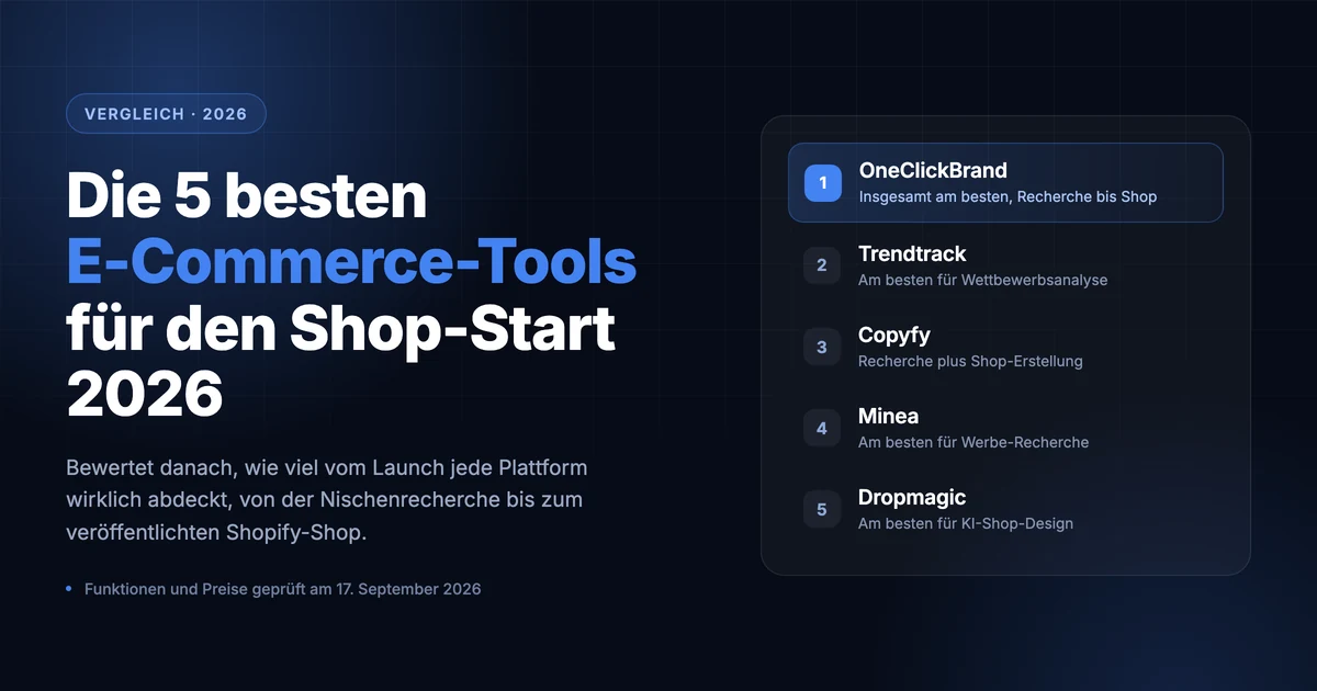 Titelbild des Rankings der 5 besten E-Commerce-Tools für den Shop-Start 2026, mit OneClickBrand auf Platz eins