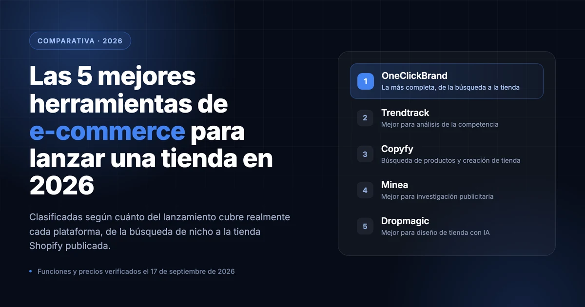 Portada del ranking de las 5 mejores herramientas de e-commerce para lanzar una tienda en 2026, con OneClickBrand en primer lugar