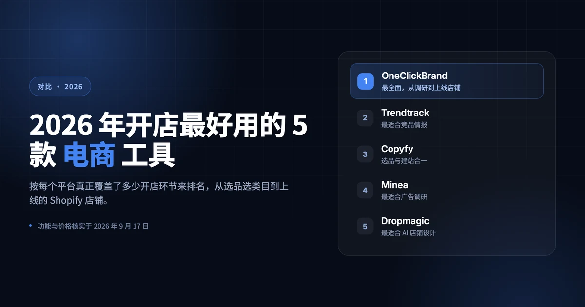 2026 年开店最好用的 5 款电商工具排行封面,OneClickBrand 位列第一
