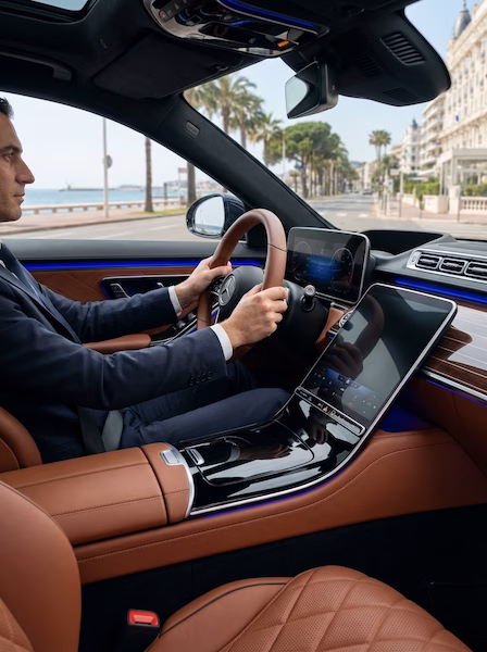 Chauffeur Dixi VTC vérifiant un vol devant l’aéroport de Nice avec une Audi A8 noire prête à accueillir le passager.