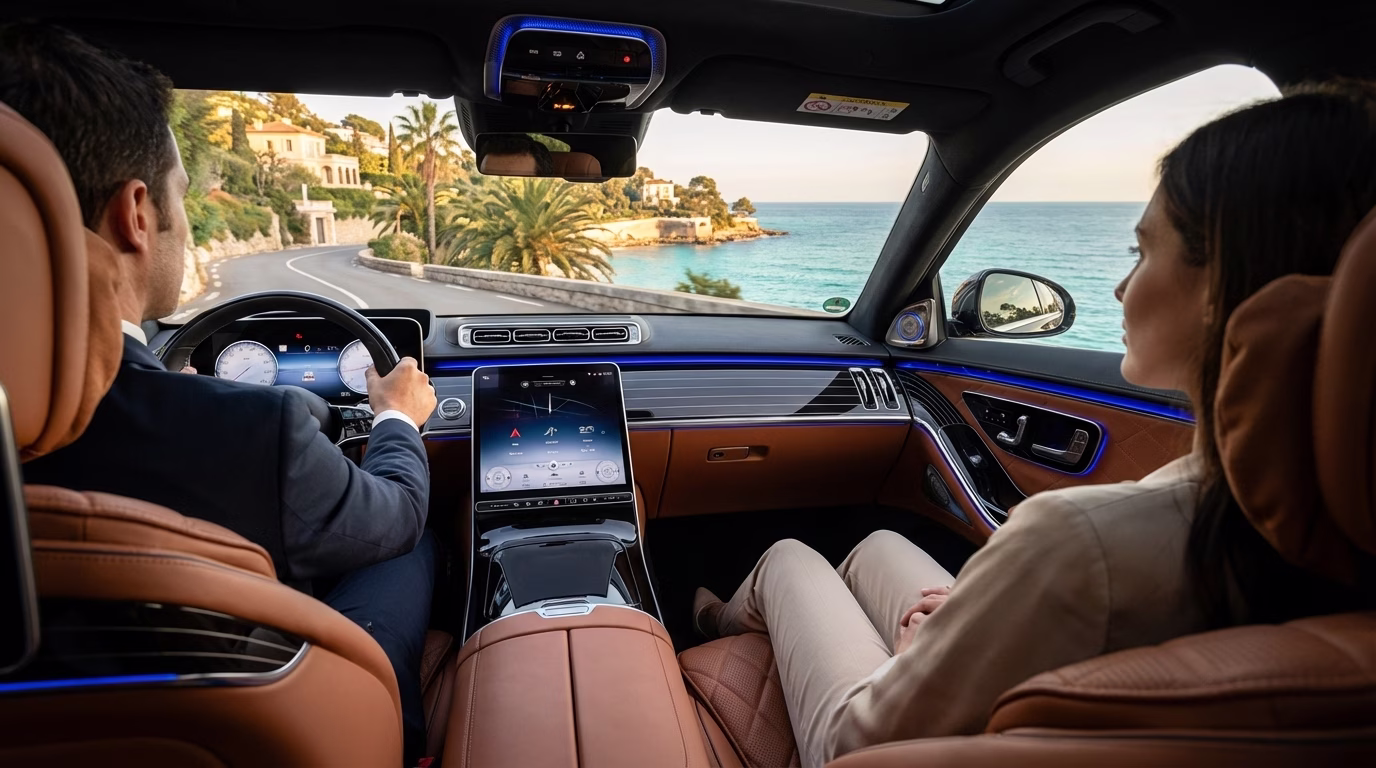Mercedes Classe S sur la route du bord de mer entre Nice et Cannes avec un chauffeur professionnel au volant et un passager confortablement installé
