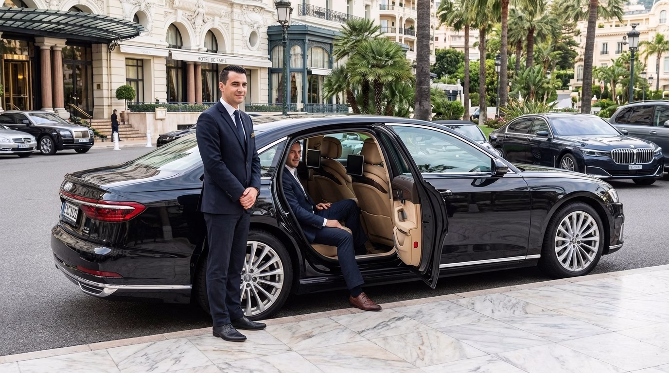 Audi A8 noire stationnée devant un hôtel de luxe sur la Côte d’Azur avec chauffeur ouvrant la porte au client.