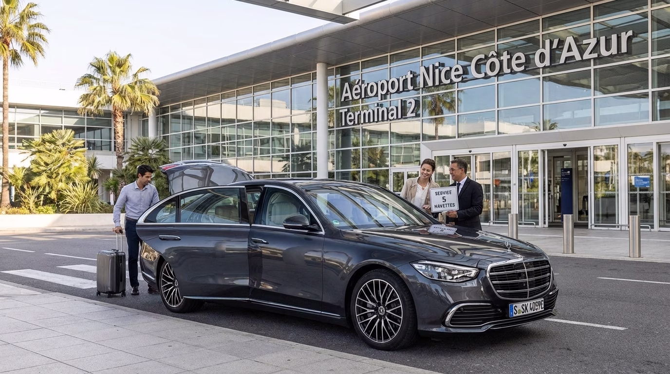 Chauffeur accueillant un passager avec un panneau nominatif devant l’aéroport de Nice, avec une Mercedes Classe S