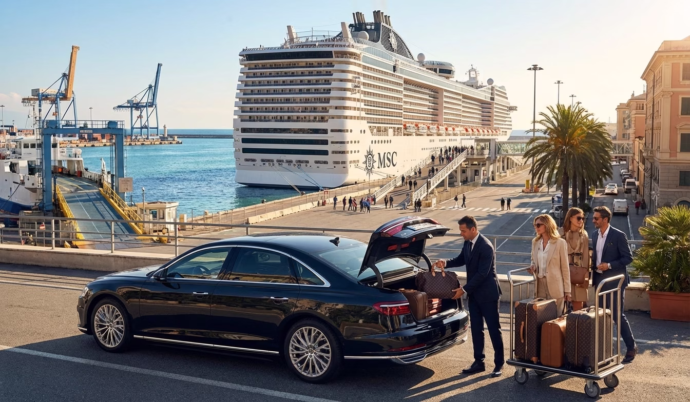 Audi A8 devant un terminal de croisière à Savone ou Gênes avec un navire en arrière-plan et un chauffeur aidant aux bagages.