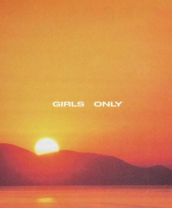 Sun setting behind mountain silhouette over calm water with 'GIRLS ONLY' text in white centered above.