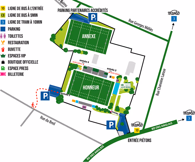 Plan du Stade Nantais indiquant les zones, accès et parkings.