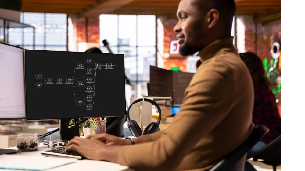 Man working on a computer with n8n workflow on the monitor in a modern office.