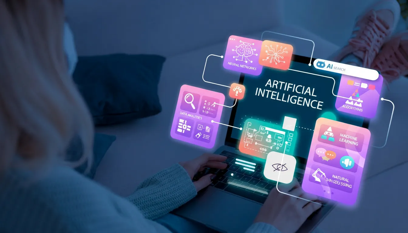 Person using a laptop with digital overlays showing concepts of artificial intelligence including neural networks, data analytics, algorithms, machine learning, and natural language processing.