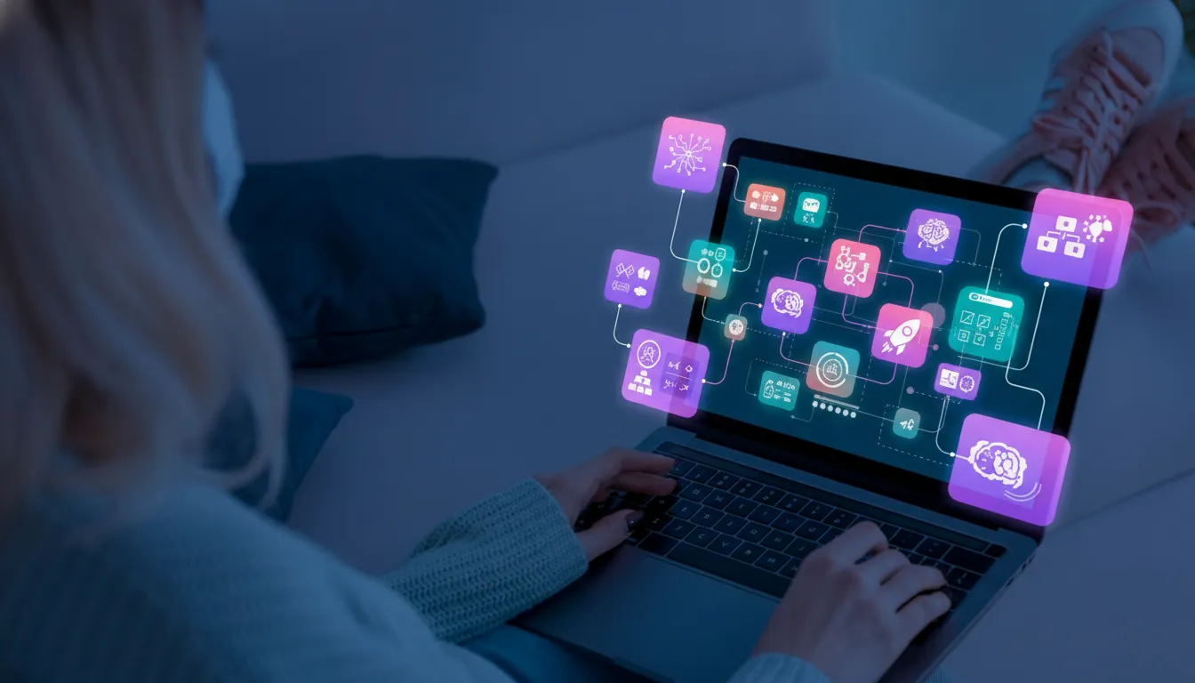Person using a laptop displaying floating icons and graphics related to artificial intelligence and technology.