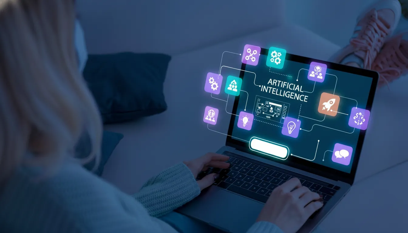 Person using a laptop displaying icons and the text 'Artificial Intelligence' connected by lines on the screen.