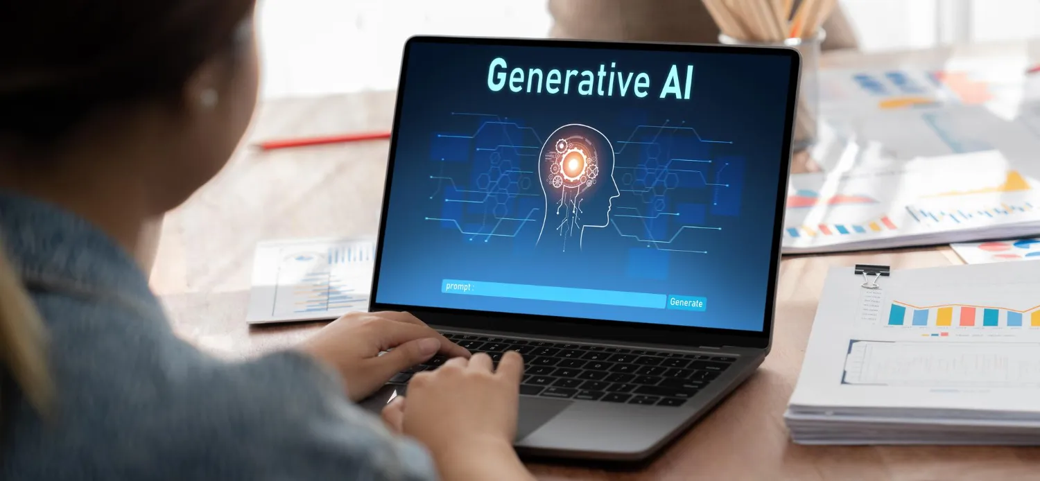 Person typing on a laptop displaying a digital interface titled Generative AI with a brain graphic and a prompt input box.