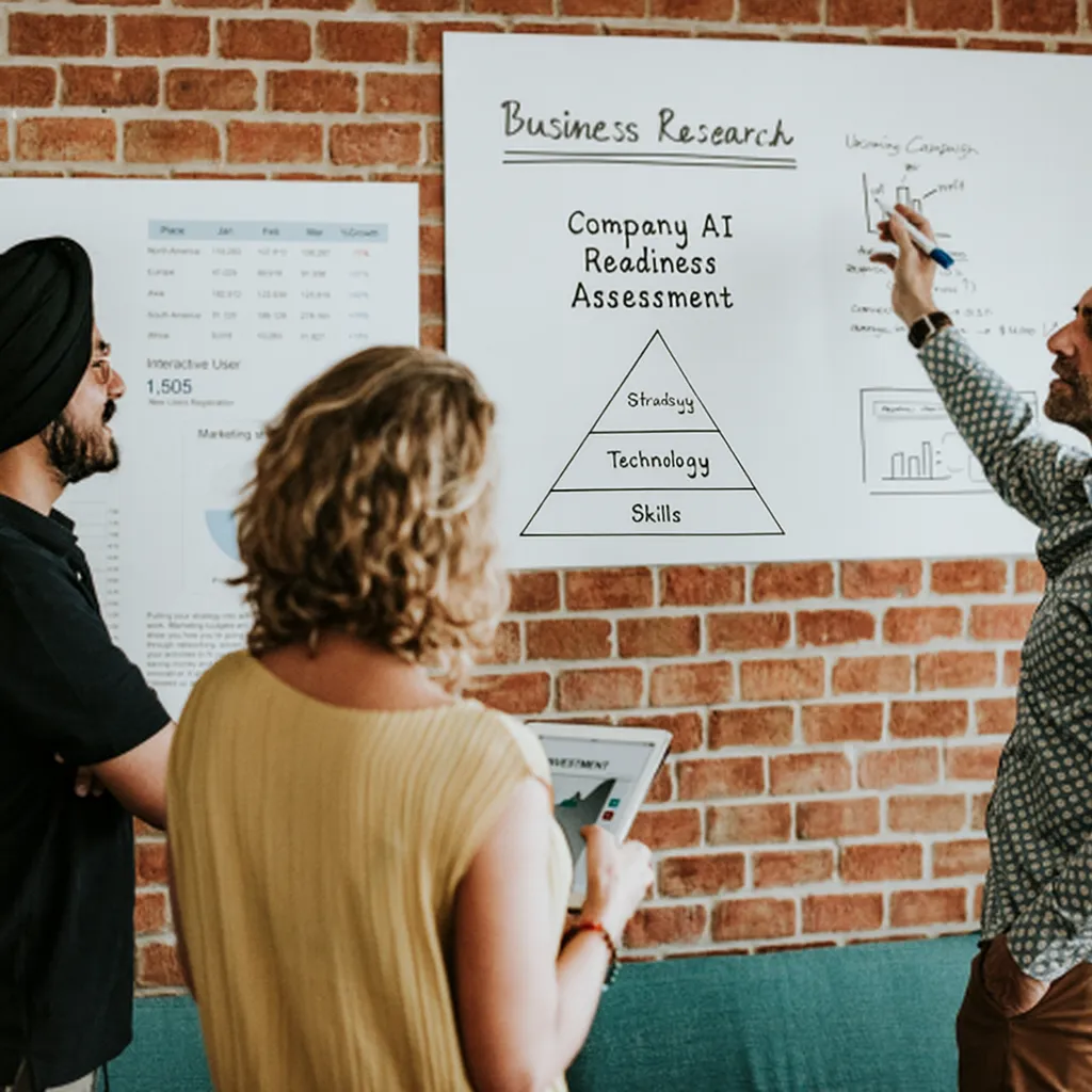 Three colleagues collaborating in front of a whiteboard with a business research diagram on company AI readiness assessment.
