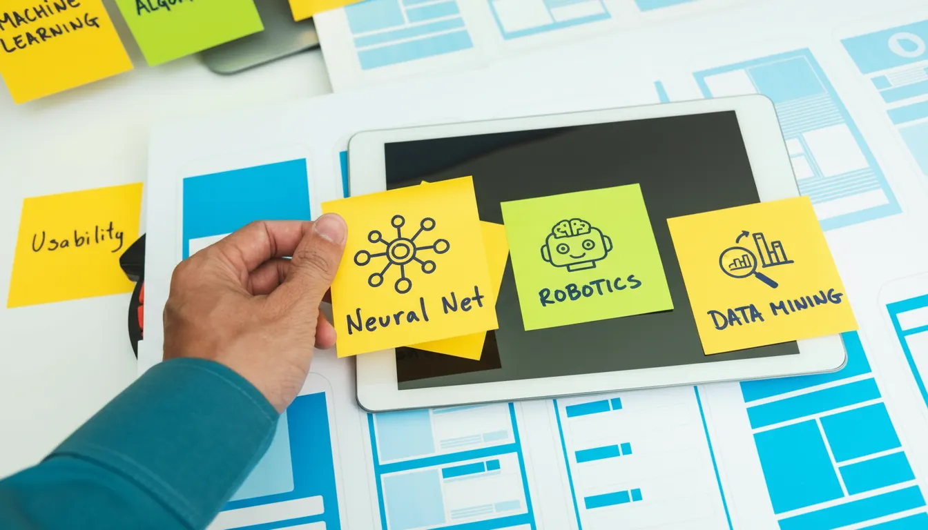 Hand holding a sticky note labeled 'Neural Net' with icons and two other notes on a tablet reading 'Robotics' and 'Data Mining'.