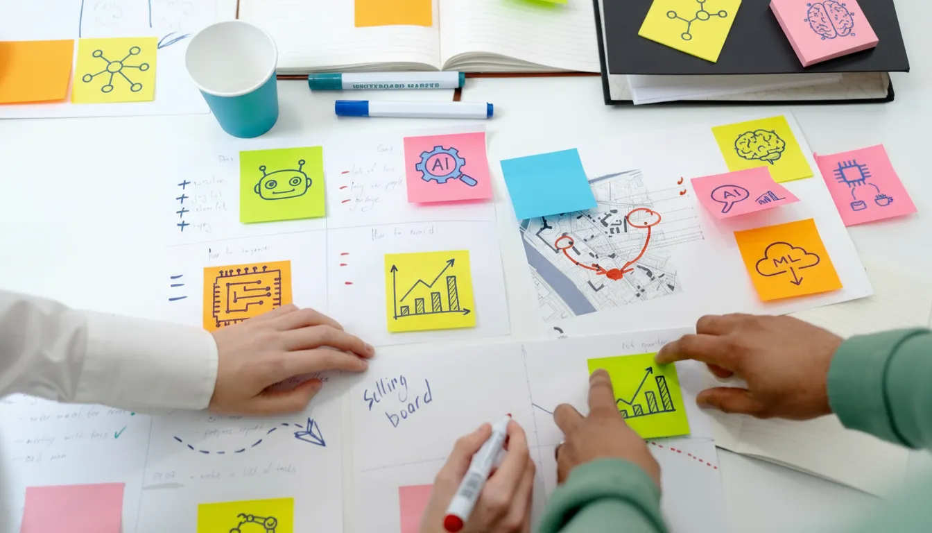Two people collaborating over a desk covered with colorful sticky notes featuring AI and machine learning icons, charts, and a map.