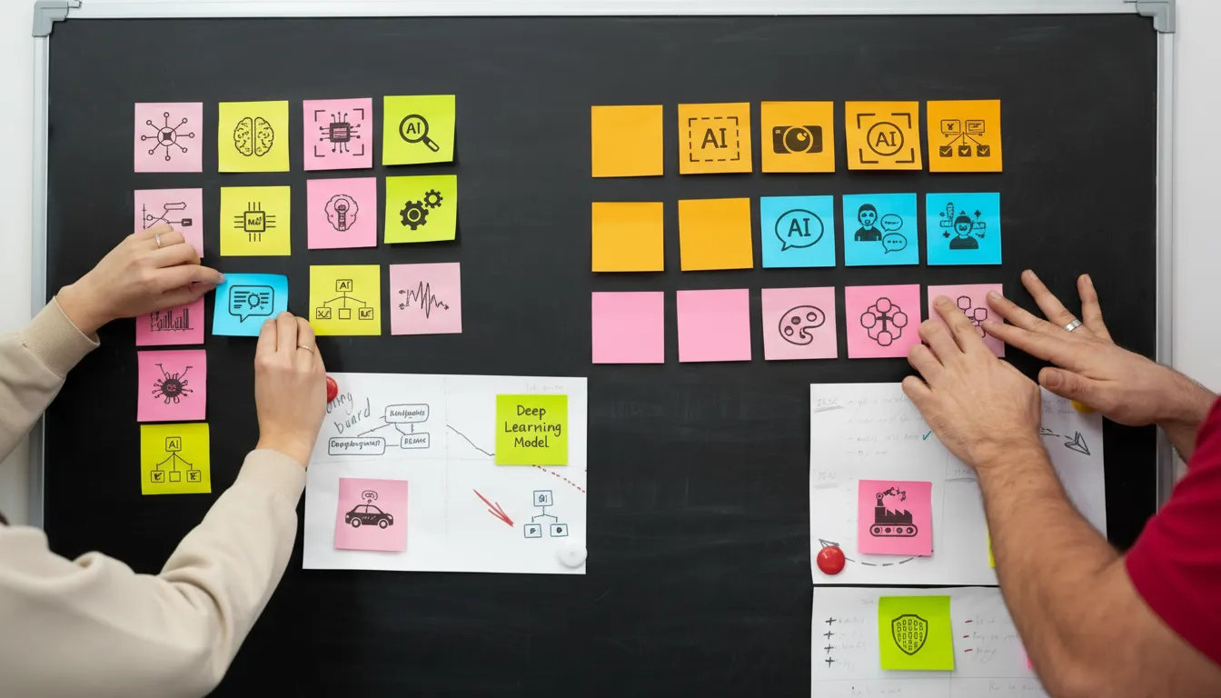 Two people organizing colorful sticky notes with AI and technology icons on a blackboard.