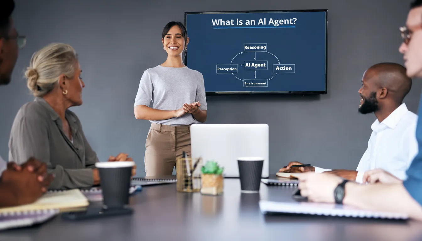 Smiling woman presenting a diagram on a screen explaining 'What is an AI Agent?' to a group of people seated around a conference table.