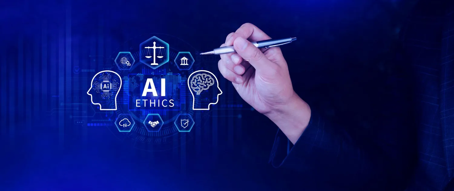 Hand holding a pen near digital icons representing AI ethics including human heads, scales of justice, and handshake symbols on a blue background.