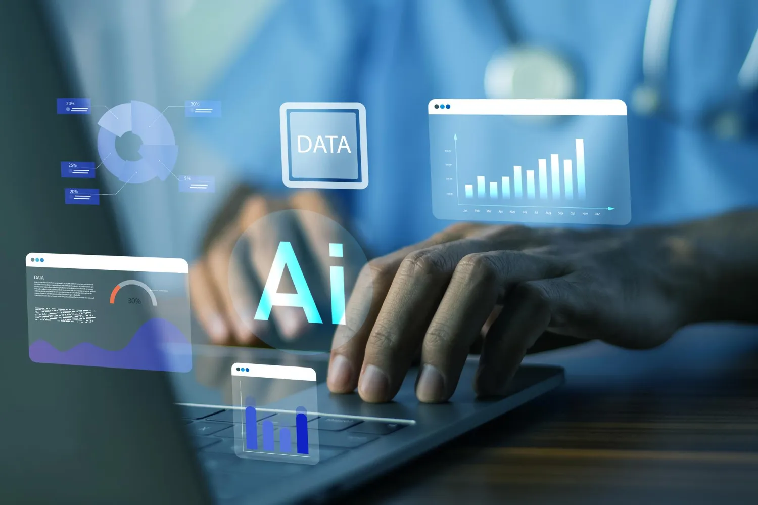 Close-up of hands typing on a laptop keyboard with floating data and AI-themed digital graphs and charts.
