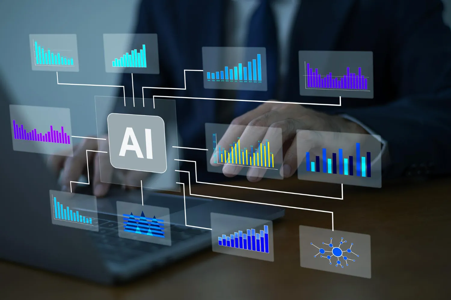 Hands typing on a laptop keyboard with floating digital AI icon connected to various colorful data charts and graphs.