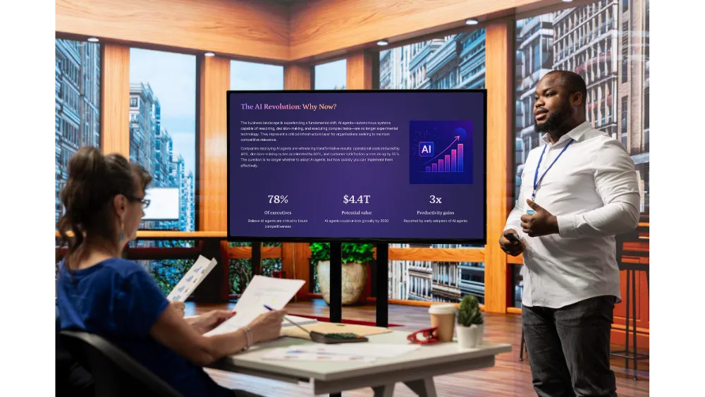 Man giving a presentation on AI revolution with a large screen showing statistics while two women seated at a table review documents.