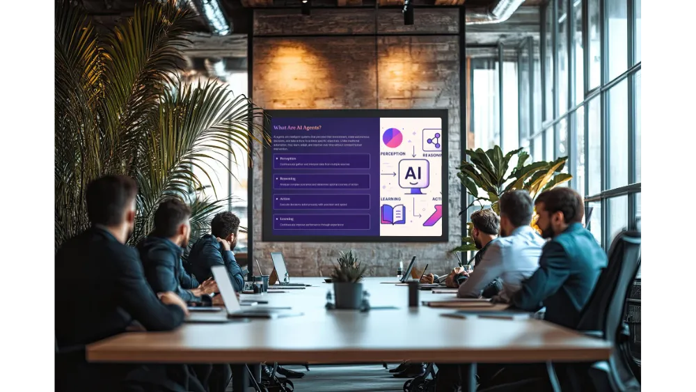Group of professionals seated around a conference table watching a presentation on AI agents displayed on a large screen in a modern office.