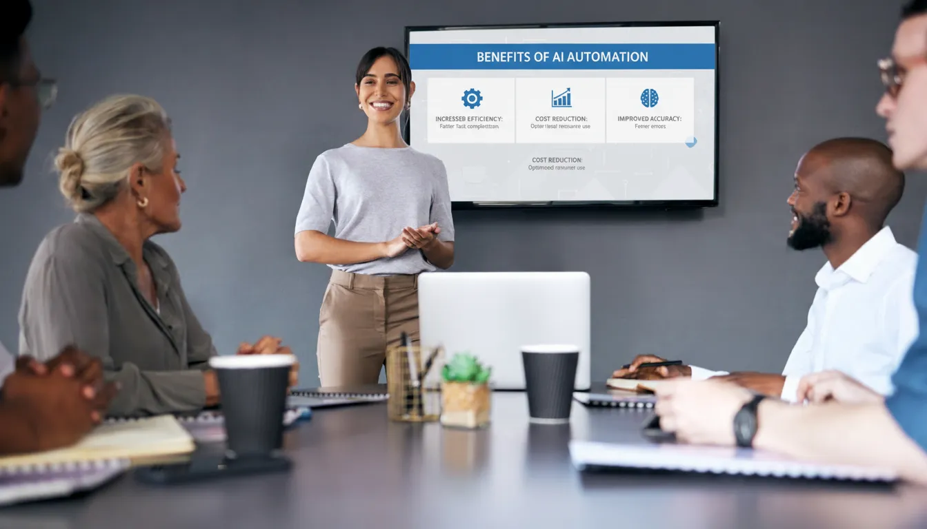 Woman smiling and presenting 'Benefits of AI Automation' on a screen to a diverse group in a meeting room.