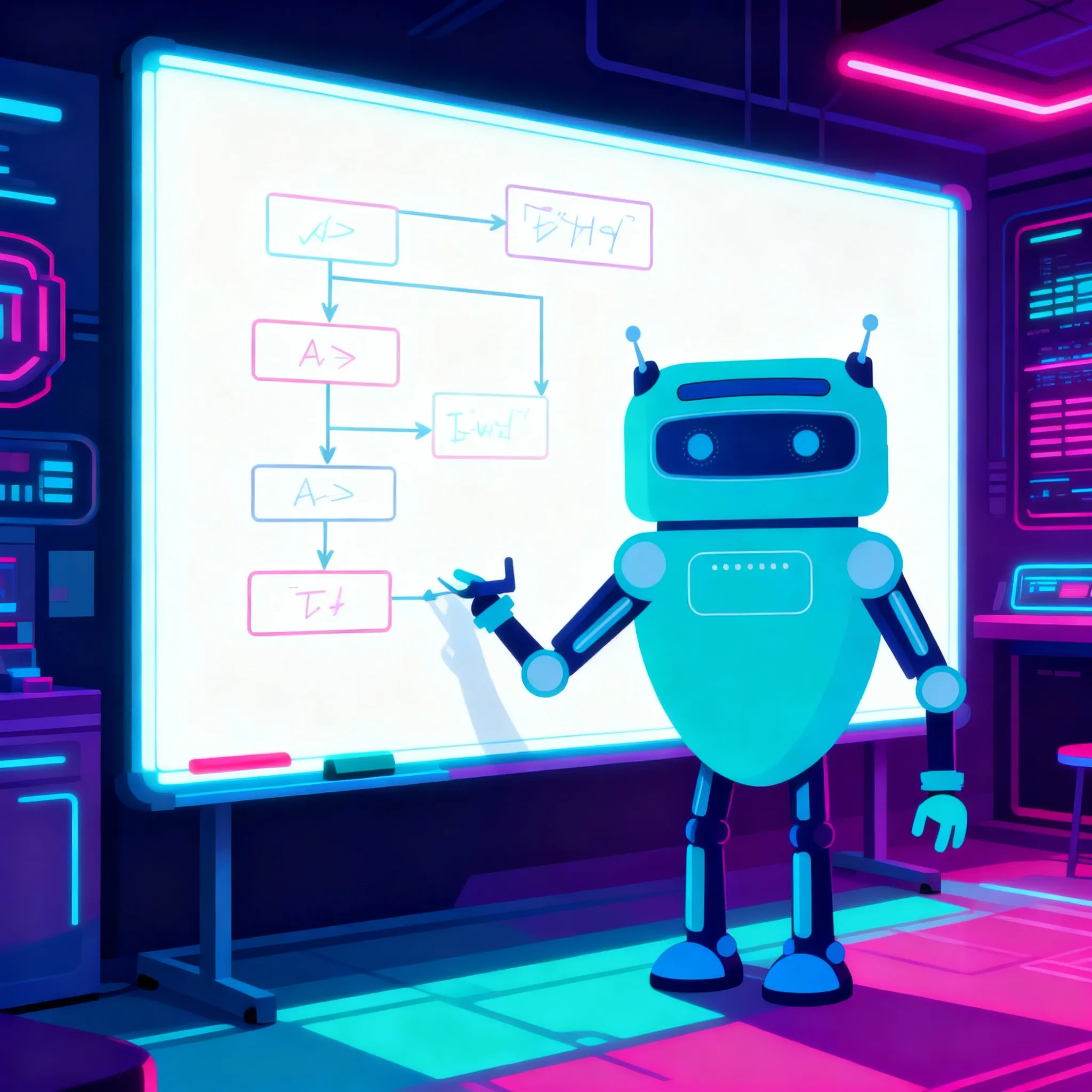Blue robot pointing to a flowchart on a large glowing whiteboard in a neon-lit futuristic room.
