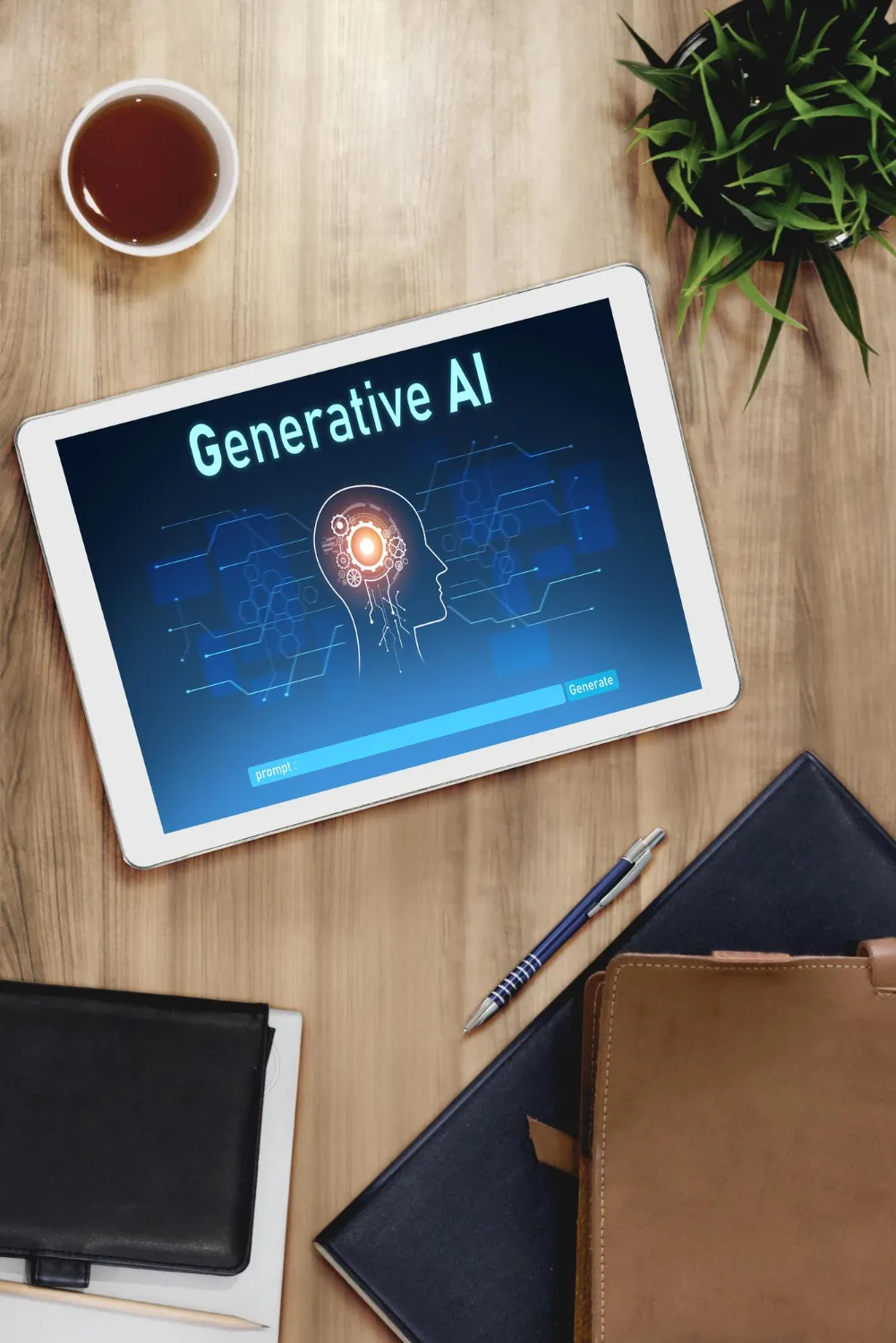 Tablet on wooden desk displaying 'Generative AI' with a digital human head graphic, surrounded by office items and a cup of coffee.