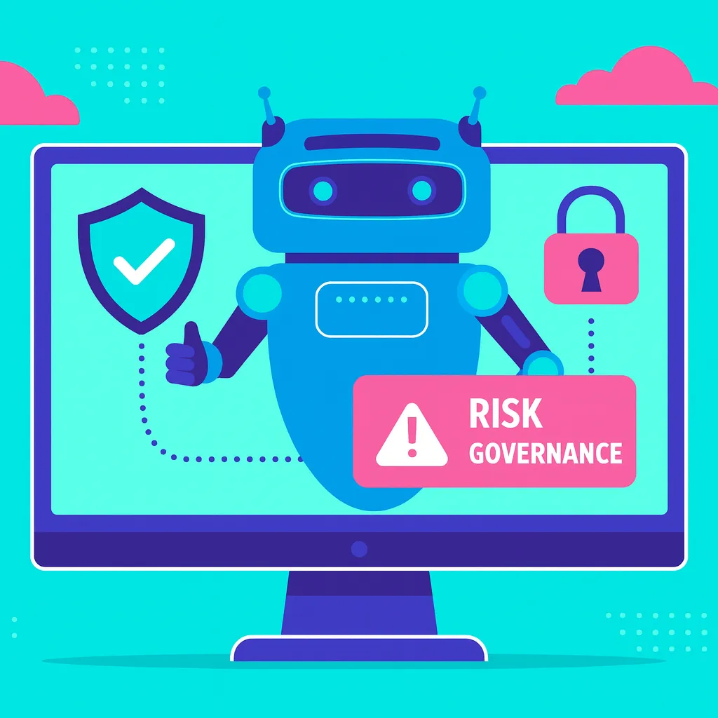 Illustration of a robot on a computer screen with security shield, padlock icon, and a warning sign labeled 'Risk Governance'.