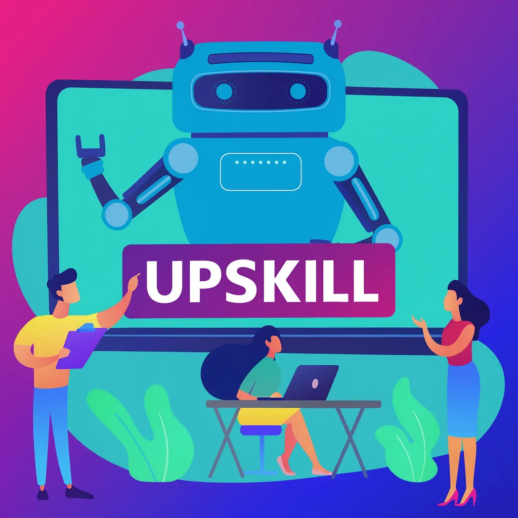 Illustration of three people interacting with a large screen displaying a friendly robot and the word 'UPSKILL'.