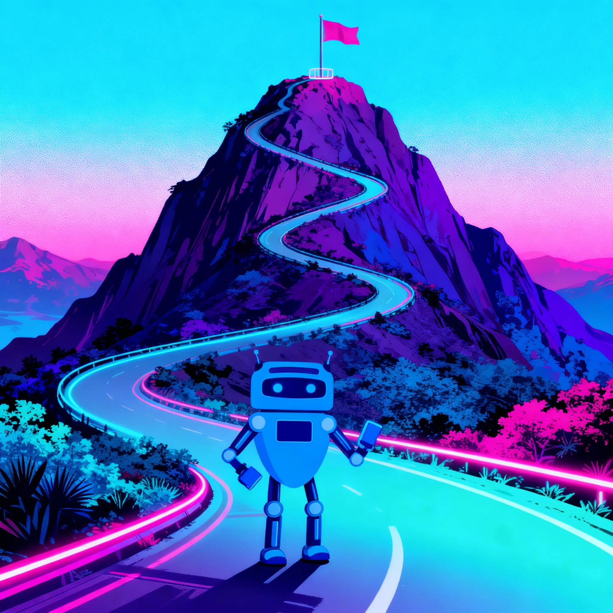 Illustration of a blue robot holding a device, standing on a glowing winding road leading up a purple mountain with a pink flag at the peak.