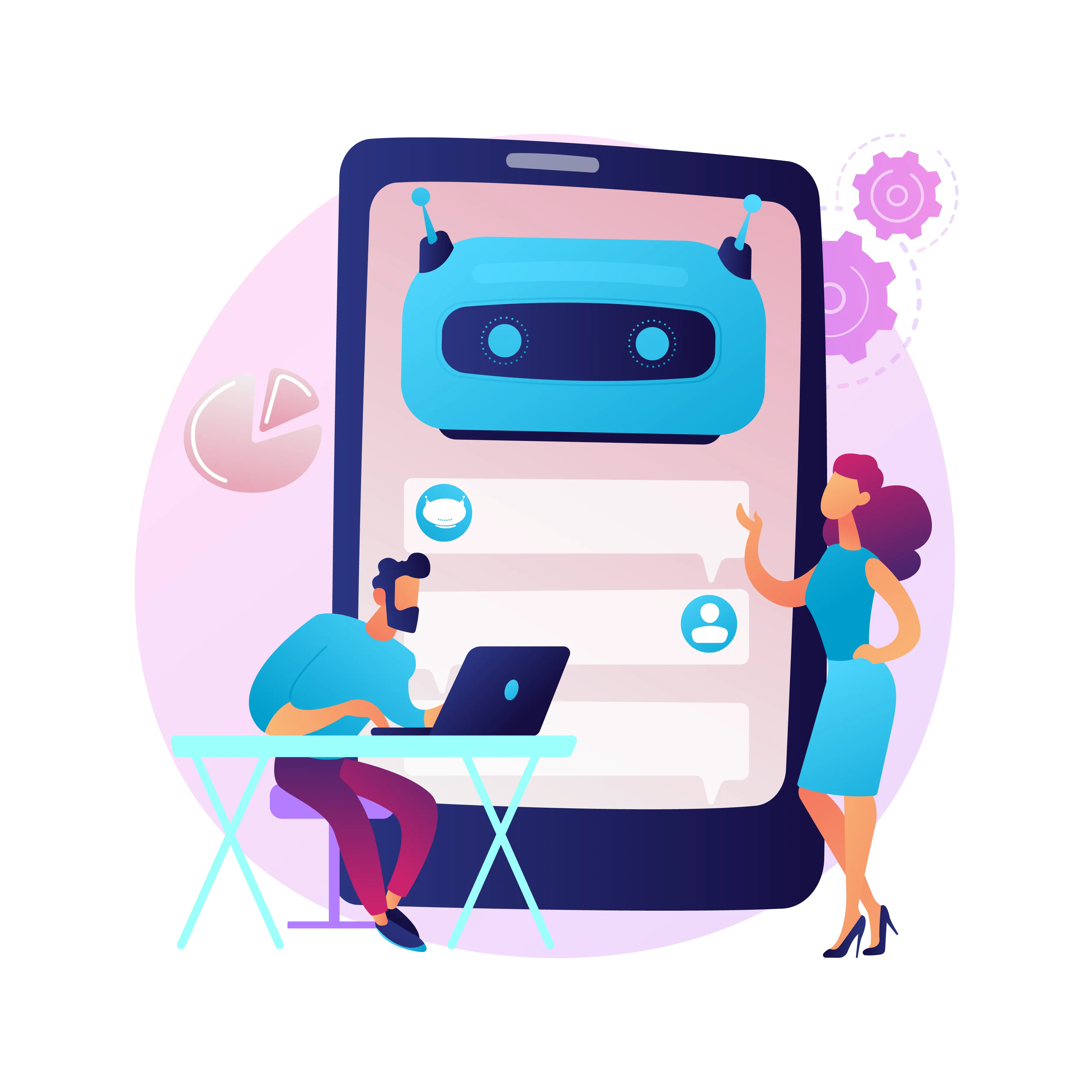 Illustration of a man working on a laptop and a woman standing next to a large smartphone screen displaying a chatbot conversation with a blue robot icon.