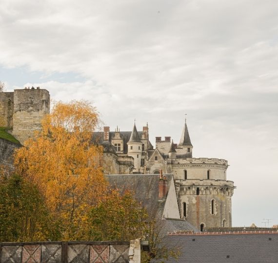 Château historique entouré d'arbres aux feuilles d'automne sous un ciel nuageux.