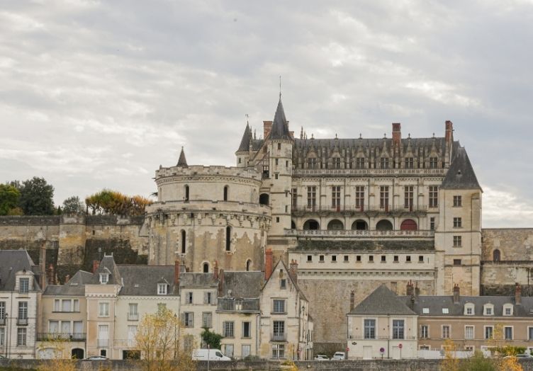 Vue du château historique d'Amboise en arrière-plan avec des maisons traditionnelles françaises au premier plan sous un ciel nuageux.